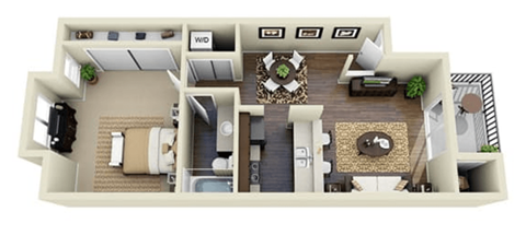 Floor plan for 1 bed, 1 bath, 754 sqft